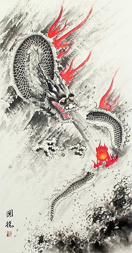 Flying Chinese Dragon & Lightning Pearl - Chinese Scroll close up view