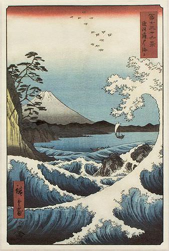 Mount Fuji Waves Landscape - Japanese Woodblock Print Repro - Wall Scroll close up view