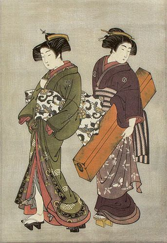 Geisha & Servant Carrying a Shamisen Box - Japanese Print Repro - Wall Scroll close up view