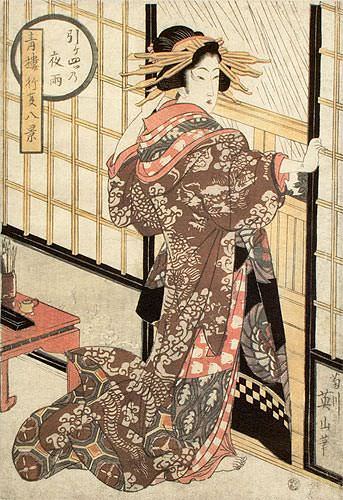 Geisha - Midnight Rain - Japanese Woodblock Print Repro - Wall Scroll close up view