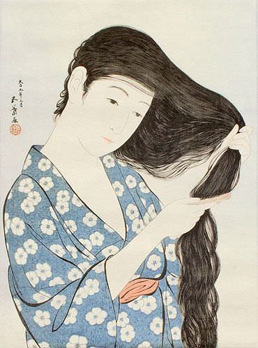 Woman in Blue Combing Hair - Japanese Woodblock Print Repro - Wall Scroll close up view