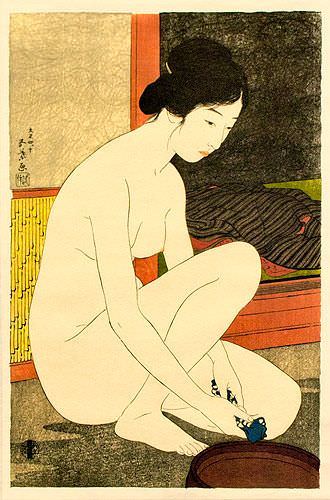 Nude Bathing Woman - Japanese Woodblock Print Repro - Wall Scroll close up view