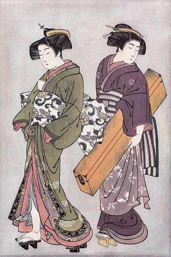 Geisha & Servant Carrying a Shamisen Box - Japanese Print - Small Wall Scroll close up view