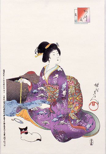 Geisha Woman Sewing - Japanese Woodblock Print Repro - Wall Scroll close up view