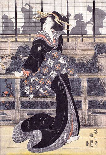 Geisha on the Veranda - Japanese Woodblock Print Repro - Wall Scroll close up view