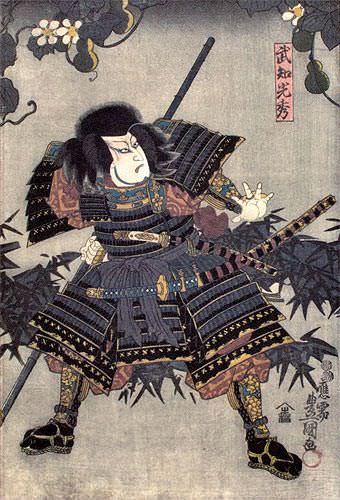 Samurai Takechi Mitsuhide - Japanese Woodblock Print Repro - Wall Scroll close up view