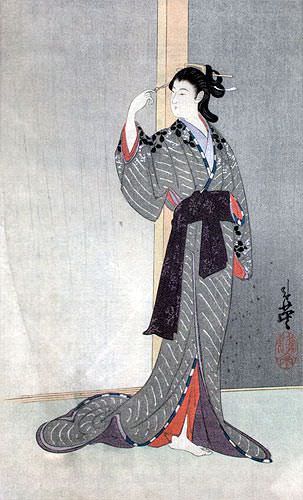 Courtesan with a View of the Rain - Japanese Woodblock Print Repro - Wall Scroll close up view