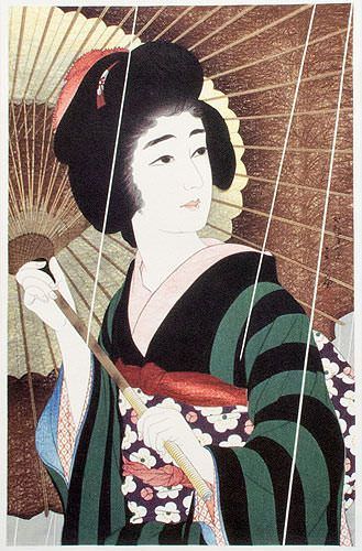 Rain - Woman & Parasol - Woodblock Print Repro - Japanese Scroll close up view