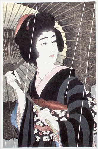 Rain - Woman & Parasol - Japanese Woodblock Print Repro - Wall Scroll close up view