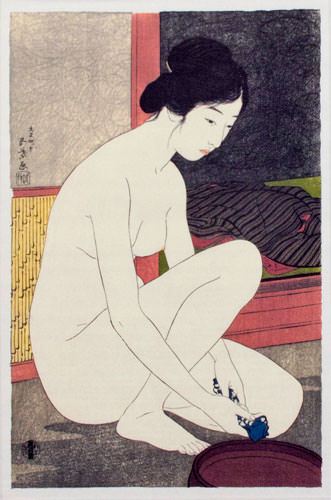 Nude Woman at the Bath - Japanese Woodblock Print Repro - Wall Scroll close up view