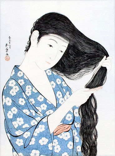 Japanese Woman Combing Hair - Woodblock Print Repro - Wall Scroll close up view