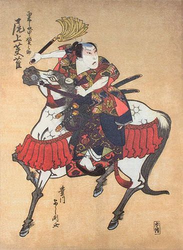Samurai Awashima Kainosuke on Horseback - Japanese Print - Wall Scroll close up view