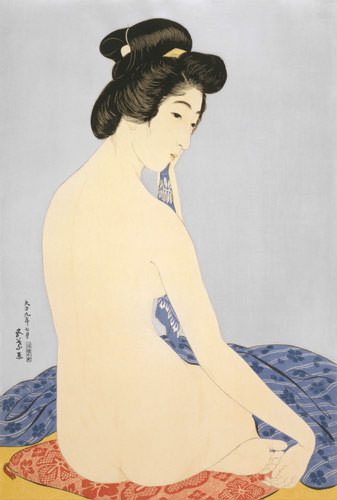 Nude Woman After Bath - Japanese Woodblock Print Repro - Wall Scroll close up view