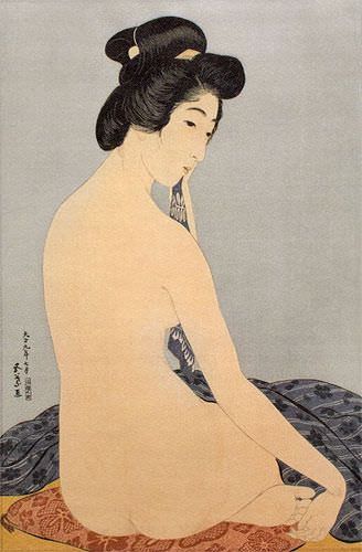 Nude Woman After Bath - Japanese Woodblock Print Repro - Wall Scroll close up view