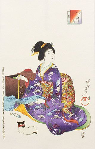 Woman Sewing - Japanese Woodblock Print Repro - Wall Scroll close up view