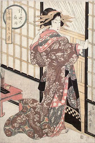 Geisha - Midnight Rain - Shoji Screen - Japanese Woodblock Print Repro - Wall Scroll close up view