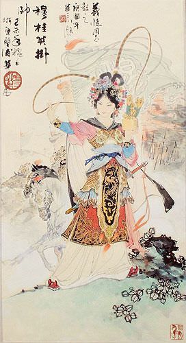 Ancient Chinese Warrior Mu Guiying Wall Scroll close up view