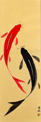 Yin Yang Koi Fish Wall Scroll close up view