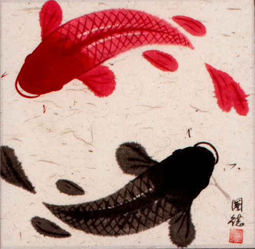 Antique-Style Yin Yang Fish Silk Wall Scroll close up view