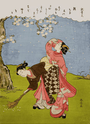 Young Women Beneath a Cherry Tree - Japanese Print Repro - Wall Scroll close up view