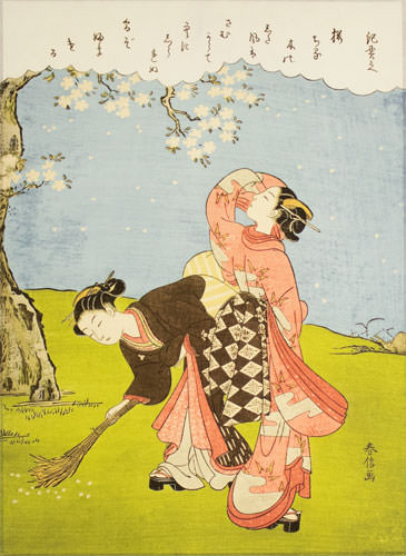Young Women Beneath a Cherry Tree - Larger Japanese Print Wall Scroll close up view
