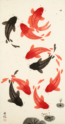 Nine Longevity Koi Fish Wall Scroll close up view