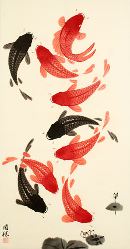 Nine Koi Fish Wall Scroll close up view