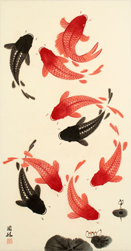 Nine Koi Fish - Large Wall Scroll close up view