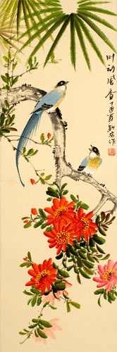 Birds and Flowers Wall Scroll close up view