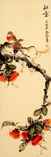 Birds and Persimmons Wall Scroll close up view