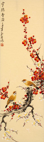 Fragrance of Snow - Chinese Bird and Flower Scroll close up view