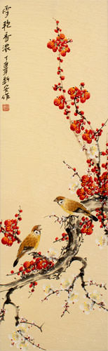 Birds and Flowers Wall Scroll close up view