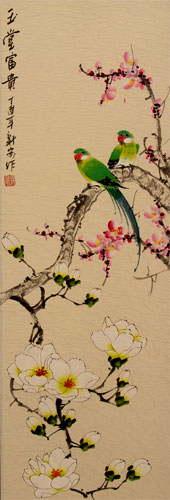 Birds with Yulan Flowers and Plum Blossoms Wall Scroll close up view