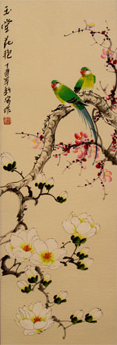 Gorgeous Color of Magnolia - Asian Birds and Flowers Scroll close up view