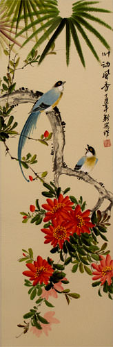 Wind Blows Fragrant Flowers - Bird and Flower Wall Scroll close up view