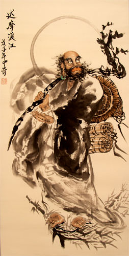 Da Mo / Bodhidharma / Buddha Crosses the River - Wall Scroll close up view