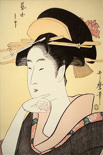 Geisha or Geigi - Japanese Woman Woodblock Print Repro - Wall Scroll close up view
