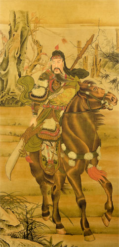 Warrior God Guan Gong on Horse - Print Wall Scroll close up view