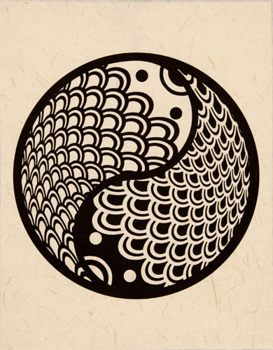 Yin Yang Fish Print on Handmade Grass Fiber Paper - Wall Scroll close up view