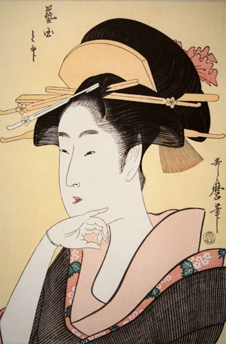 Portrait of a Courtesan - Japanese Woman Woodblock Print Repro - Wall Scroll close up view