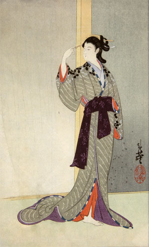 Courtesan with a View of the Rain - Japanese Woodblock Print Repro - Wall Scroll close up view