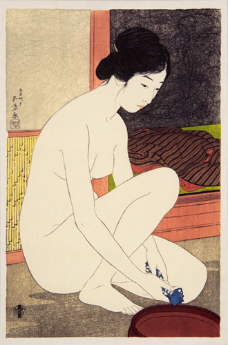 Nude Woman at the Bath - Japanese Woodblock Print Repro - Wall Scroll close up view