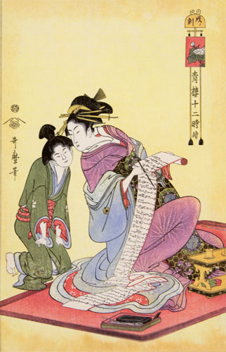 Hour of the Dog - Japanese Woman and Servant Woodblock Print Repro - Wall Scroll close up view