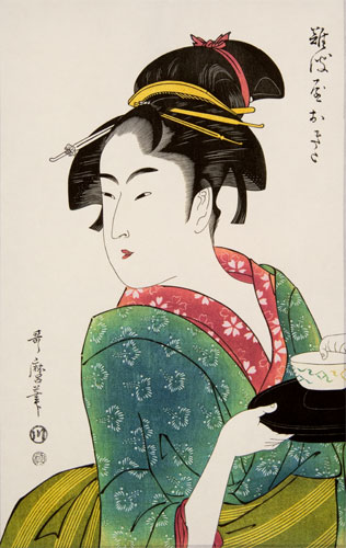 Naniwaya Okita - Japanese Woman Woodblock Print Repro - Wall Scroll close up view