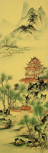 Red-Roofed Temple in the Forest - Ancient Chinese Landscape Print Scroll close up view