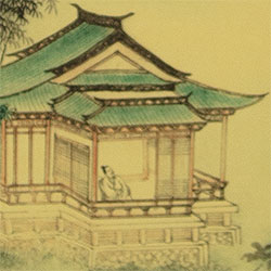 Blue-Roofed Pavilion - Ancient Chinese Landscape Print Scroll detail view