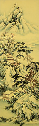 Winter in the Mountain Village - Ancient Chinese Landscape Print Scroll close up view