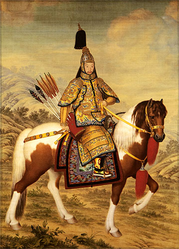 The Qianlong Emperor in Ceremonial Armor on Horseback - Print Reproduction Wall Scroll close up view
