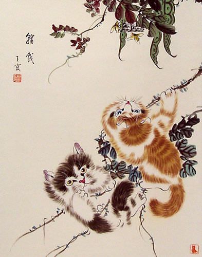 Asian Kittens Wall Scroll close up view
