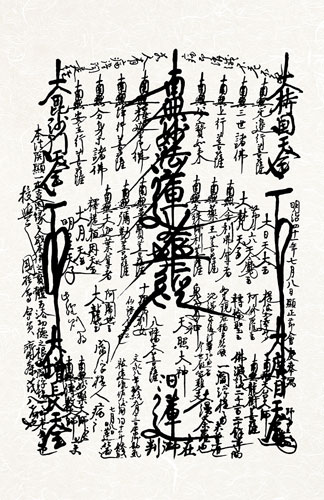 1908 Nichiren Shu Gohonzon - Minobu Sect Buddhist Mandala - Print Wall Scroll close up view